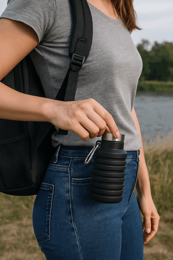 Faltbare Trinkflasche in Schwarz aus lebensmittelechtem Silikon - HydroFlexx