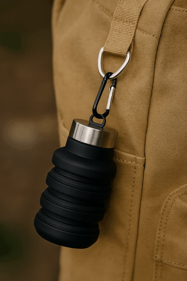 Faltbare Trinkflasche in Schwarz aus lebensmittelechtem Silikon - HydroFlexx