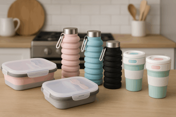 Faltbarer Thermobecher, Trinkflasche und Lunchbox aus Silikon in verschiedenen Farben - HydroFlexx