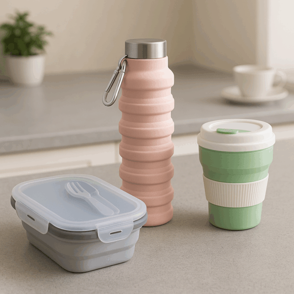 Faltbarer Thermobecher, Trinkflasche und Lunchbox aus Silikon in verschiedenen Farben - HydroFlexx