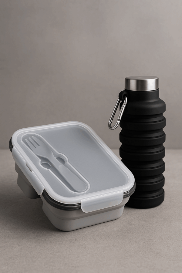 Faltbare Trinkflasche in Schwarz und Lunchbox in Grau aus Silikon - HydroFlexx
