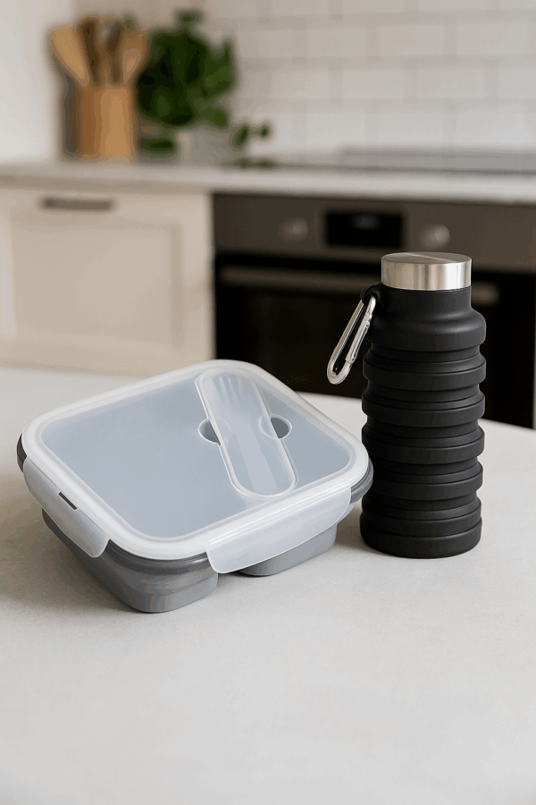 Faltbare Trinkflasche in Schwarz und Lunchbox in Grau aus Silikon - HydroFlexx