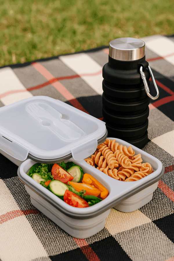Faltbare Trinkflasche in Schwarz und Lunchbox in Grau aus Silikon - HydroFlexx