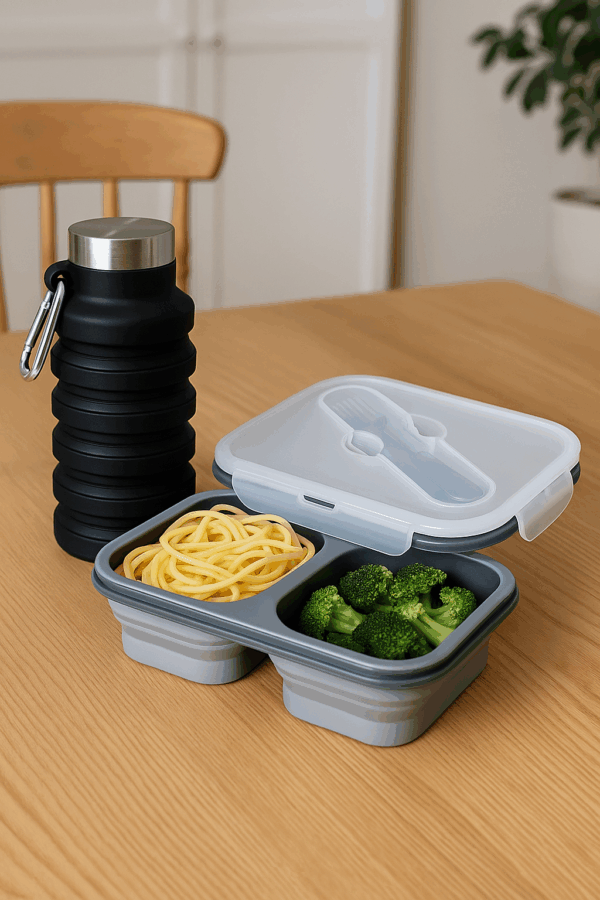 Faltbare Trinkflasche in Schwarz und Lunchbox in Grau aus Silikon - HydroFlexx
